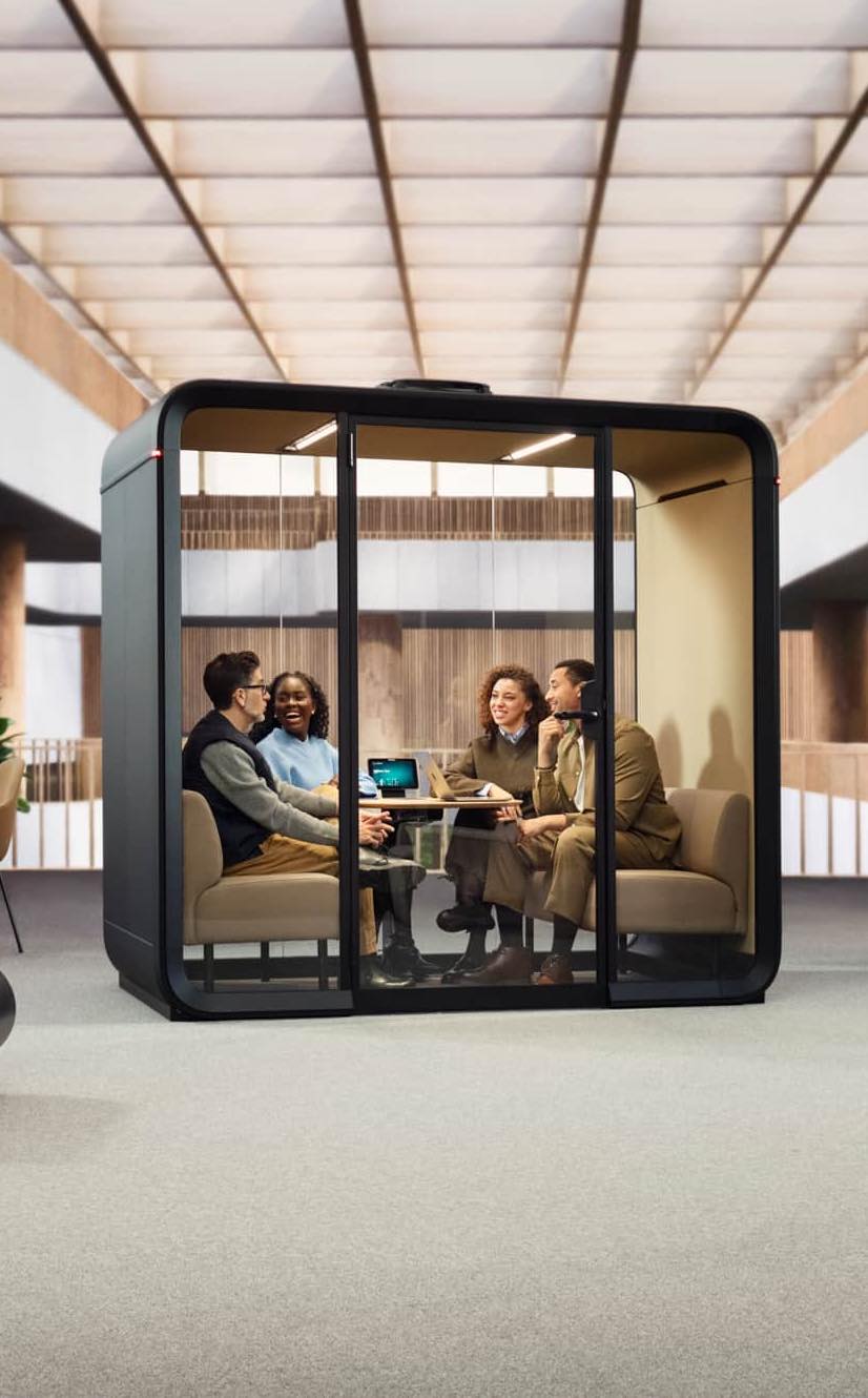A mood image of an acoustic pod on Akoestiekspecialist called Framery Four.