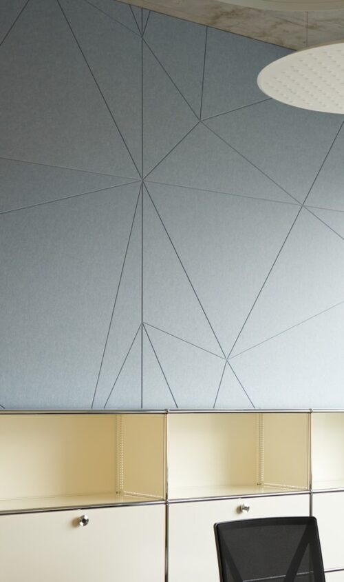 Een sfeerafbeelding van een akoestische wandpaneel op Akoestiekspecialist genaamd Impact Acoustic Facet.
