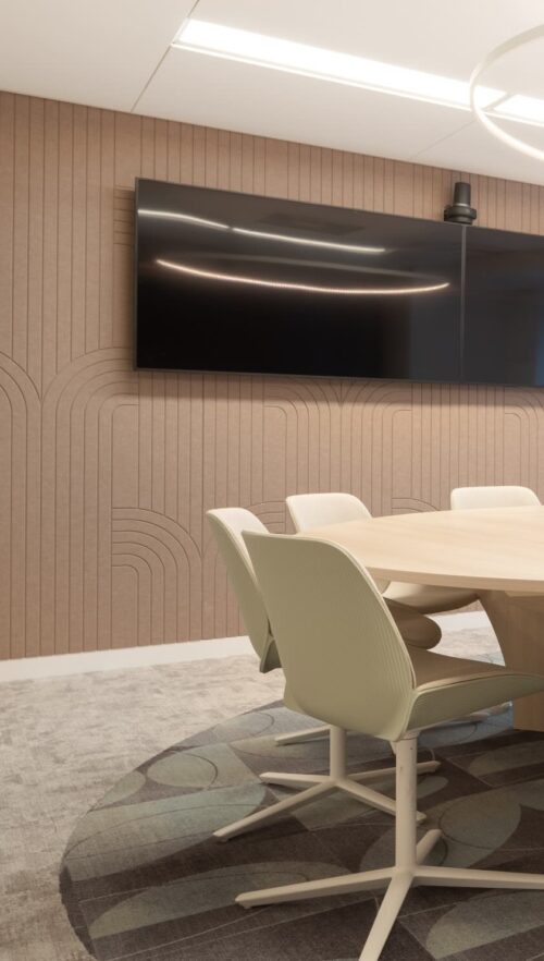 Een sfeerafbeelding van een akoestische wandpaneel op Akoestiekspecialist genaamd Impact Acoustic Fon.