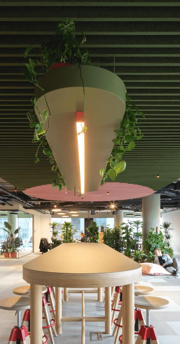Een sfeerafbeelding van een akoestische plafond op Akoestiekspecialist genaamd Impact Acoustic Straight Modular.