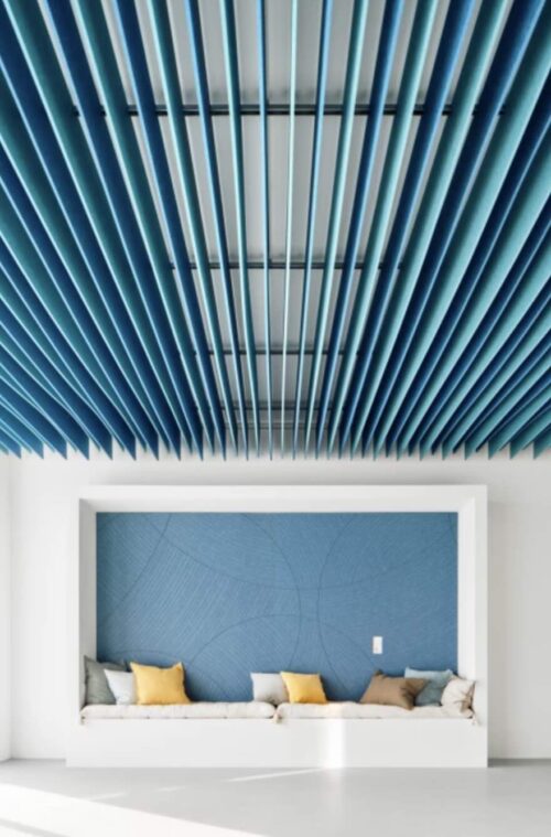 Een sfeerafbeelding van een akoestische wandpaneel op Akoestiekspecialist genaamd Impact Acoustic Tapis.