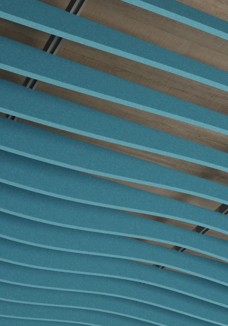 Een sfeerafbeelding van een akoestische plafond op Akoestiekspecialist genaamd Impact Acoustic Wave Ripple Bespoke.