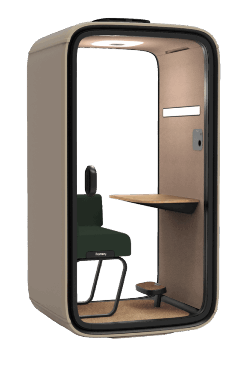 Een afbeelding van een akoestische stiltecabine op Akoestiekspecialist genaamd Framery One Lounge.