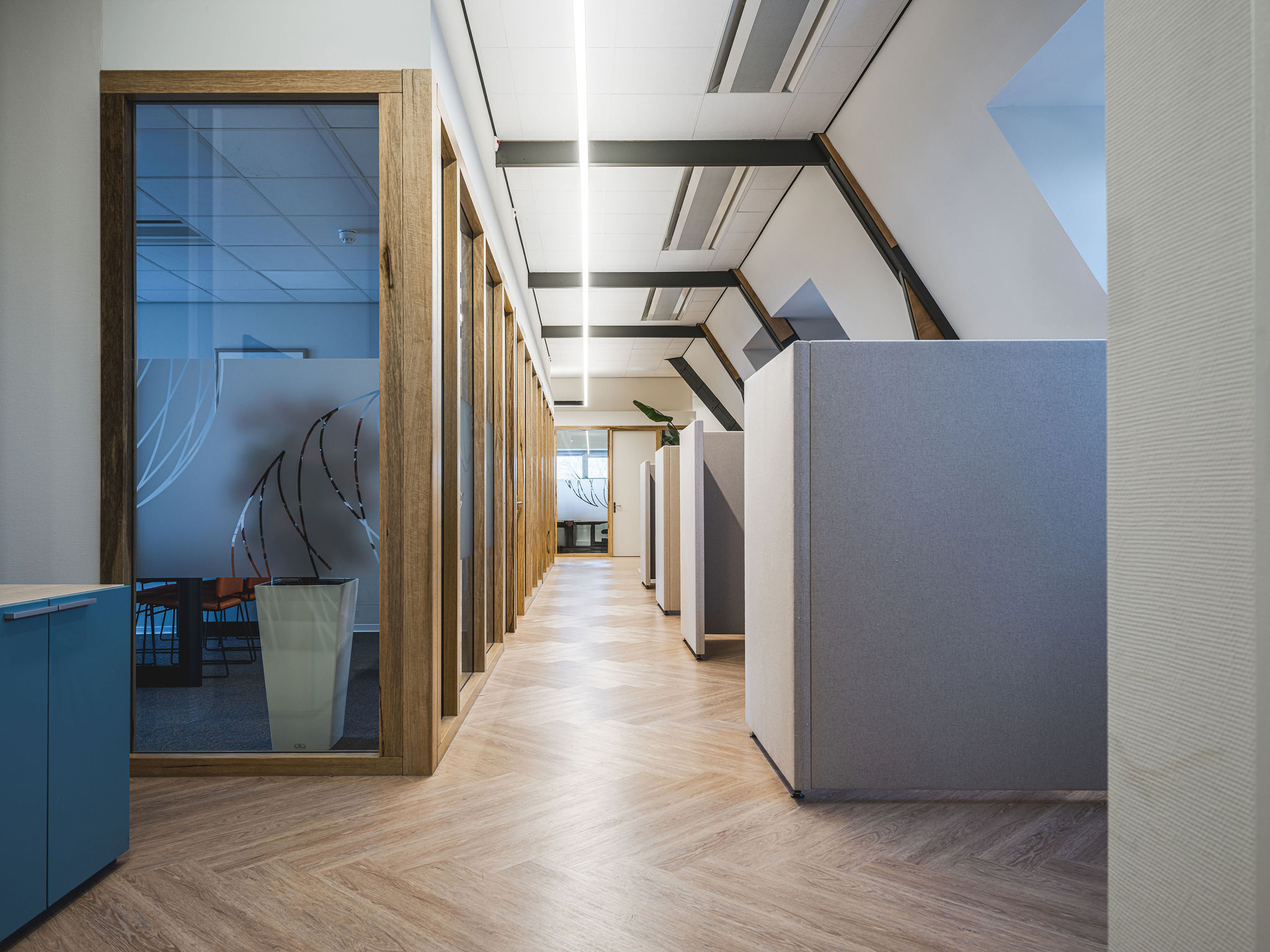 Akoestische werkplekken bij Innovo met bureauschermen van Akoestiekspecialist, ontworpen voor meer focus, rust en comfort in open kantoorruimtes.