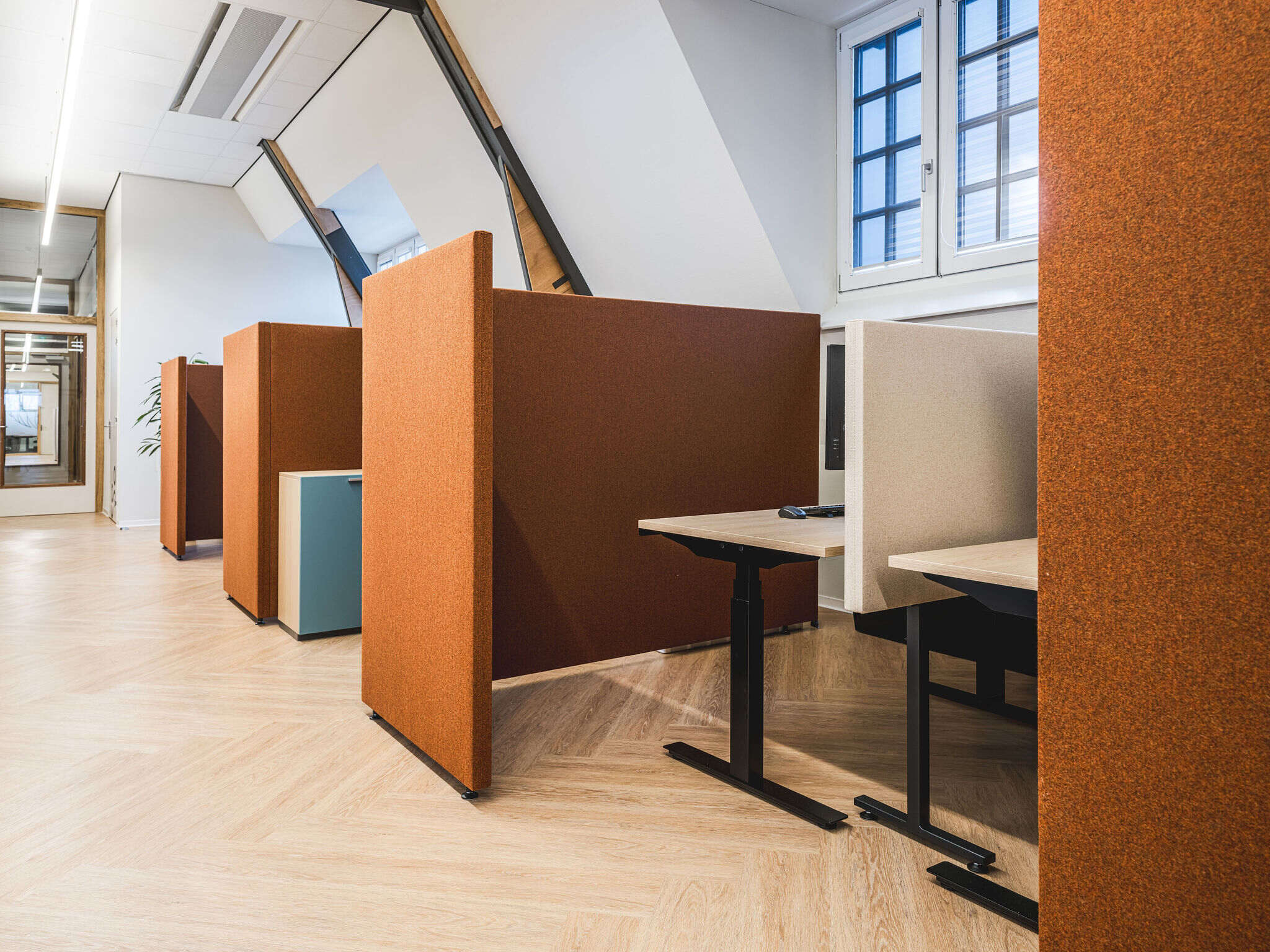 Akoestische werkplekken bij Innovo met bureauschermen van Akoestiekspecialist, ontworpen voor meer focus, rust en comfort in open kantoorruimtes.